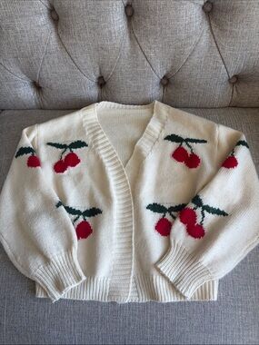 SHEIN Cream Cardigan with Red Cherry Motif and Green Leaves